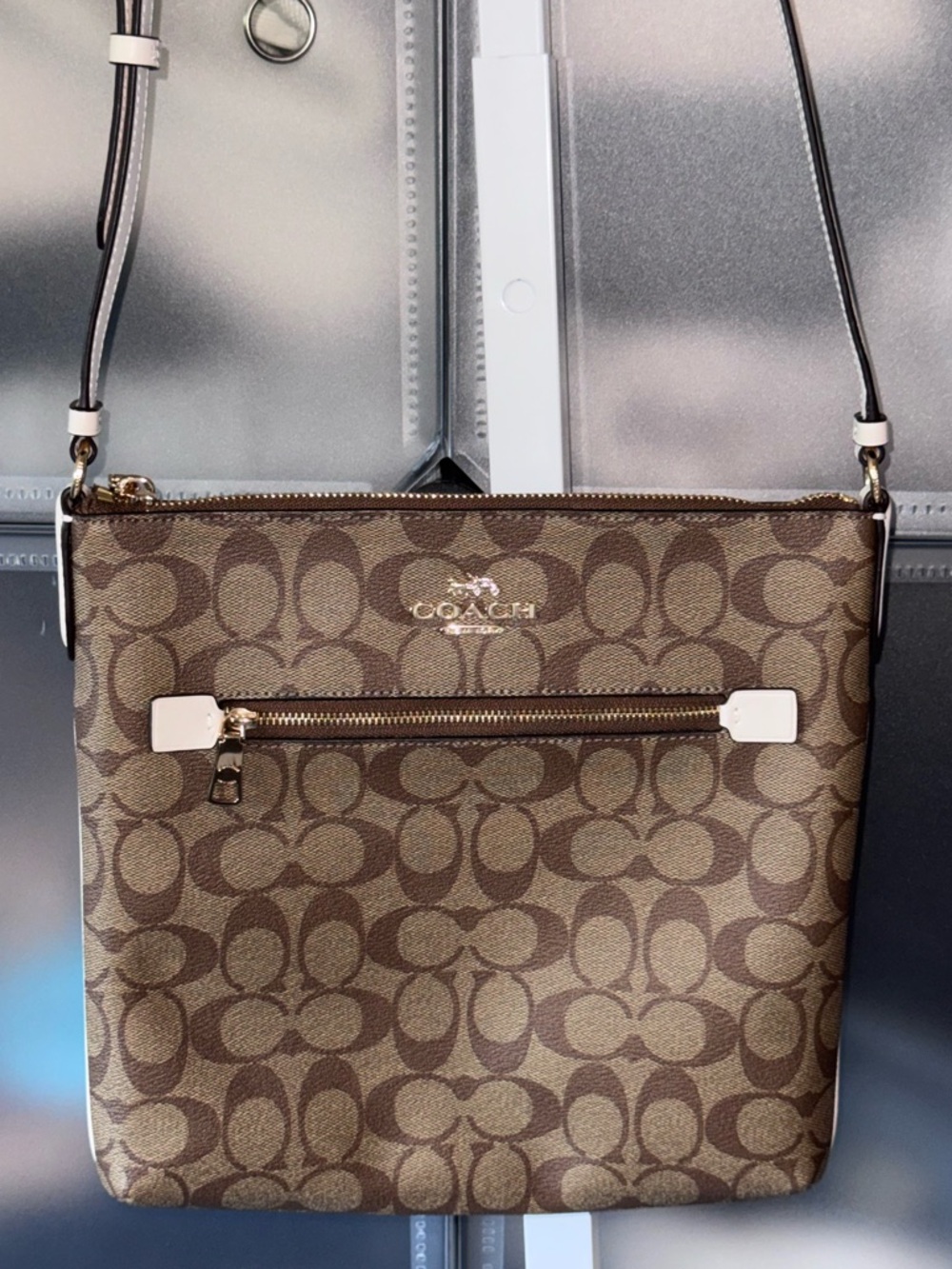 Coach Rowan File Bag Crossbody Purse in Signature Canvas Khaki Chalk White C1554